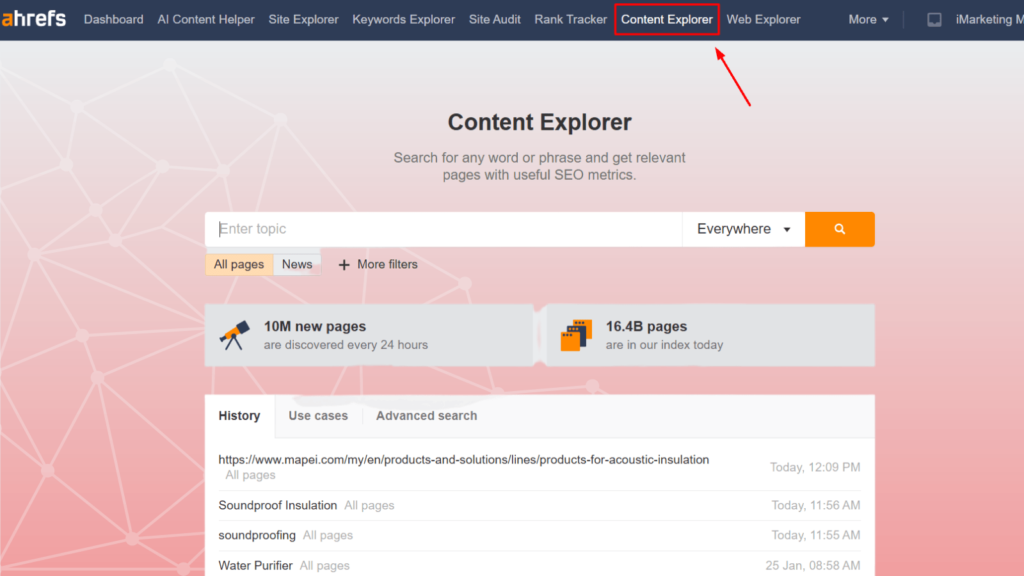 Ahrefs Content Explorer to find article ideas